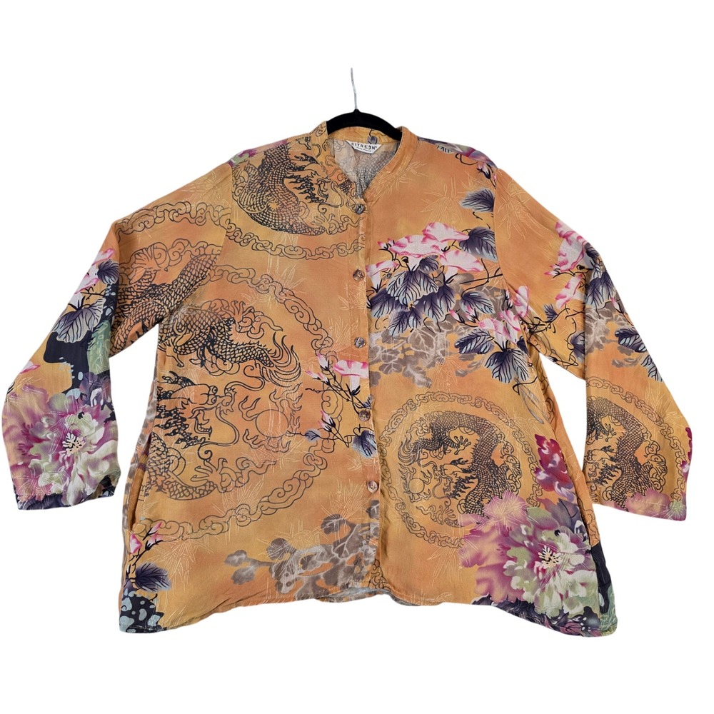 Citron Santa Monica Dragon Floral Silk Blouse YellowMandarin Collar Lg Pockets